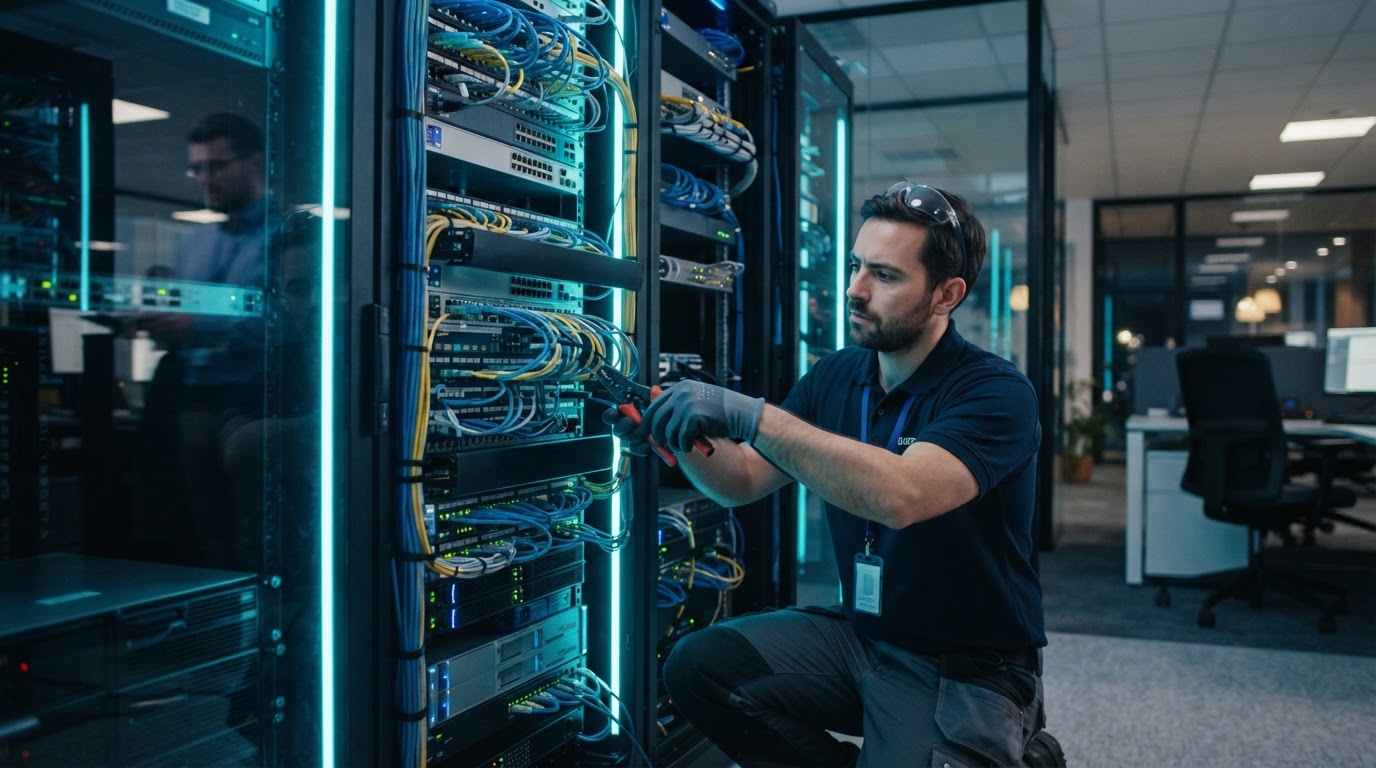 Technik podczas instalacji systemu telekomunikacyjnego